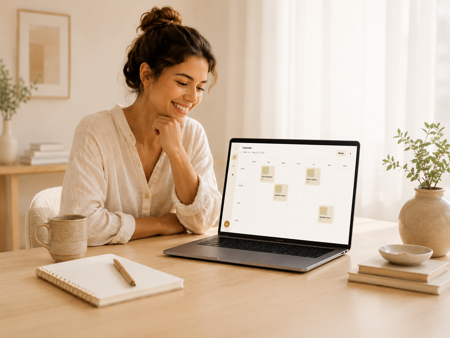 Creator reviewing a weekly publishing calendar on a laptop at a calm desk